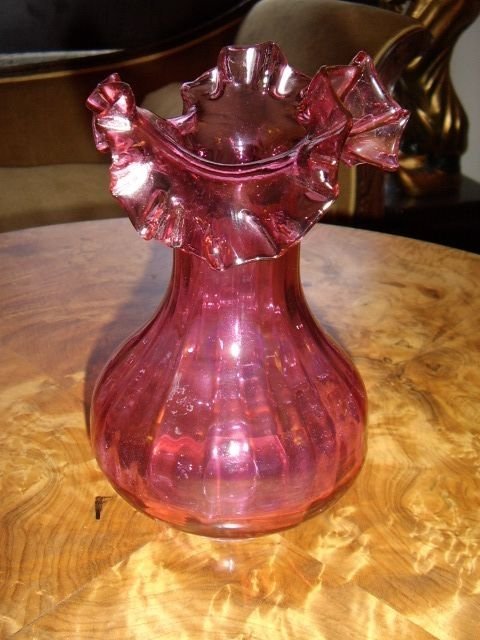cranberry glass vase with crimped fluted neck