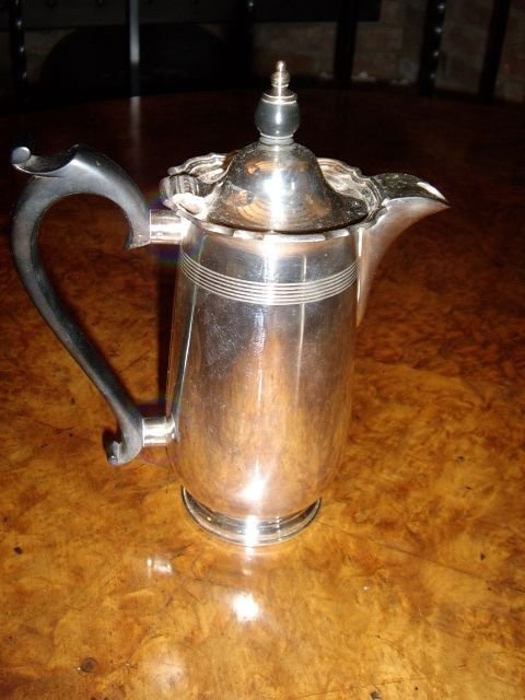 sheffield silver plated coffee pot with bakeolite handle by walker hall