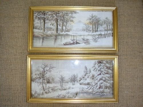 quality pair of silk hand embroidered winter landscape pictures 17 x 9 inches