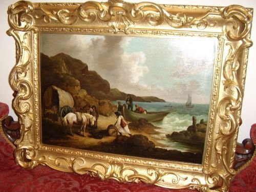 18th century seascape oil painting titled smugglers attributed after studio of george morland b1763d1804 in beautiful gilt gesso ornate frame size 235 x 305 inches