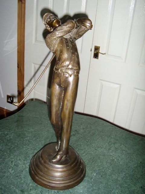 bronze art deco period golfer figurine in full swing c1920 21 inches high