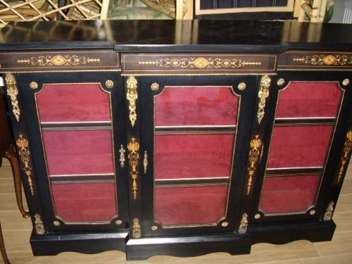 victorian ebonised credenza display cabinet with satinwood inlay ormolu mounts