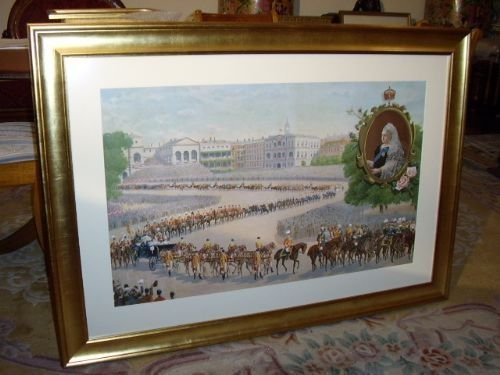 coloured print of queen victoria's diamond jubilee ceremony on 23rd september 1896 presented in a gilt leafed frame under glass size 49 x 35 inches