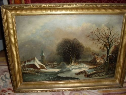 dutch winter landscape 19th century oil painting titled christmas at home