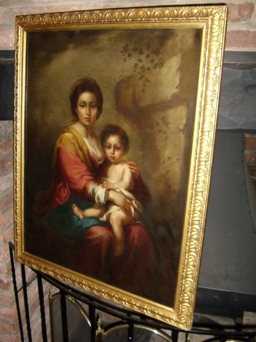 late 18th century oil on canvas portrait painting of the madonna child after artists original by bartolome esteban murillo presented in ornate gilt frame european school size 26 x 32 inches