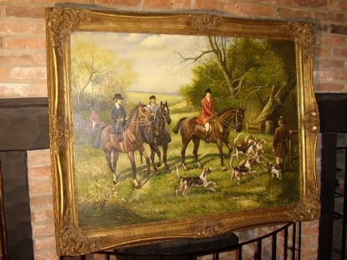 large hunting oil painting on canvas with hounds in beautiful gilt frame measuring a massive 4ft 7 x 3ft 7 inches