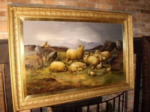 alfred morris landscape oil painting of highland sheep grazing 19th century english school 5ft 1 x 3ft5 inches