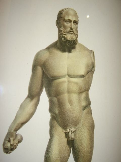 a superb coloured etching of a marble nude male sculpture titled brass