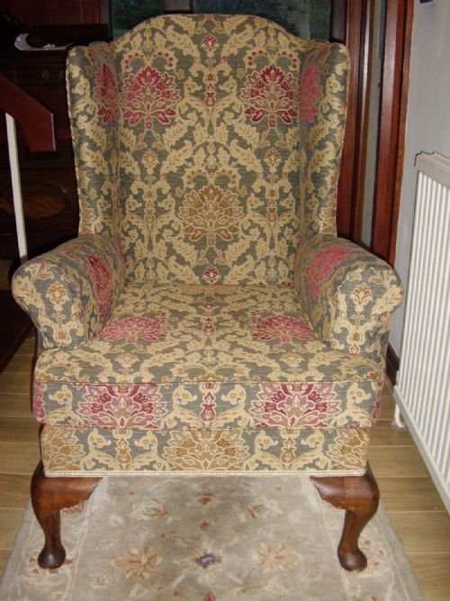 victorian queen anne winged armchair reupholstered rebuilt having mahogany cabriole legs fitted reversable cushion with matching arm covers