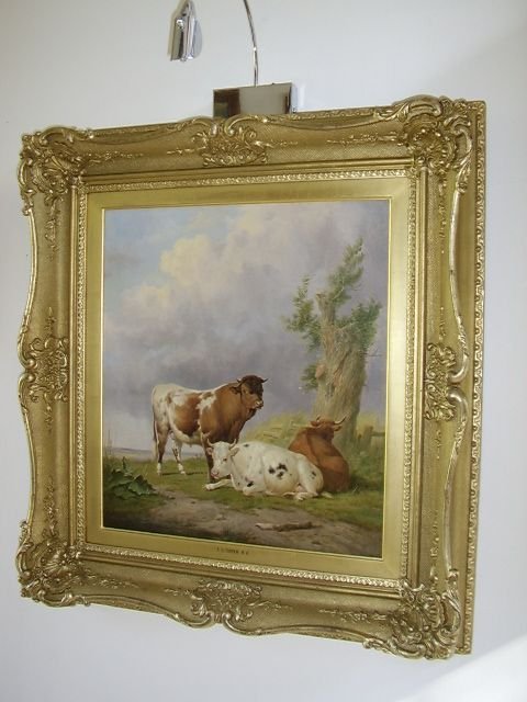 19th century oil painting signed t sidney cooper english school c1876 in original gilt frame of a bull with cattle resting in a landscape 28 x 26 ins