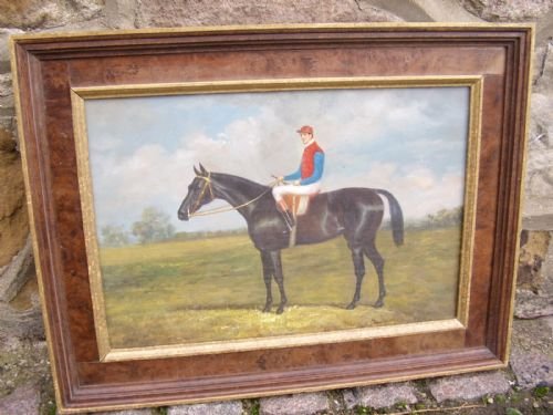 sporting oil on canvas of mounted jockey in full racing colours presented in burrwalnut frameunder glass 205 x 155 inches