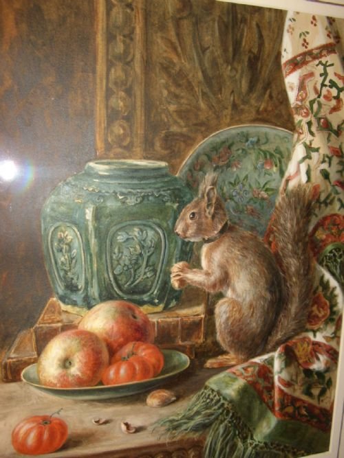 victorian watercolour of a squirrel eating nuts on an oak table next to a dish of apples tomatoes presented in original ornate frame 25 x 205 inches under glass