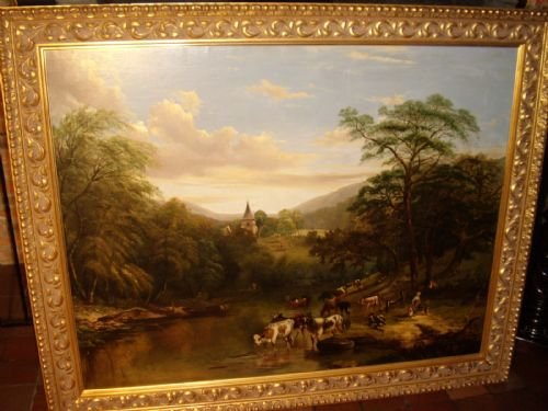 early 19thc oil painting by thomas pritt english school of cattle watering 50 x 61 ins