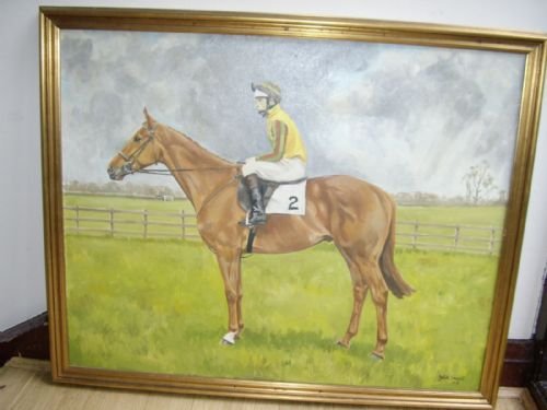 sporting racing oil on canvas of mounted jockey on light chesnut bay racehorse33 x 27 inches