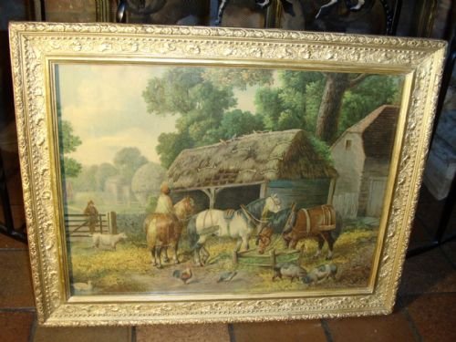 victorian textured oileograph under glass of a farmyard scene with horses watering presented in the original decorative gilt frame size 23 x 18 inches
