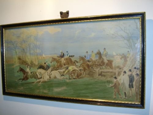 victorian hunting aquatint print hand finished in watercolours depicting a fox hunt in progress under glass 155 x 8 inches