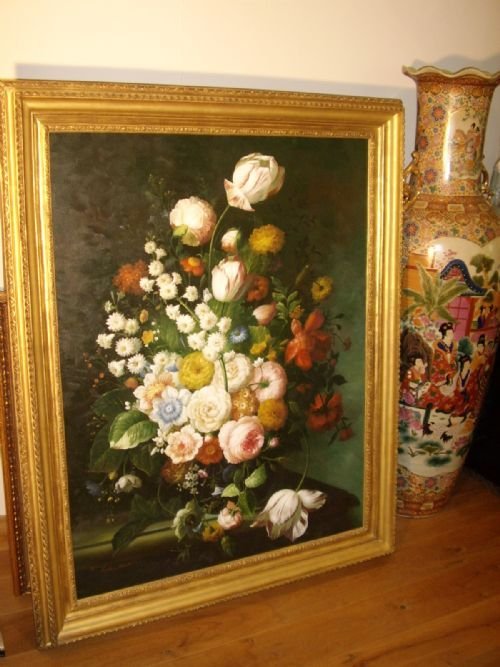 huge flower still life oil painting by sought after artist thomas webster beautifully presented in an expensive antique gilt frame measuring 48 x 59 inches overall