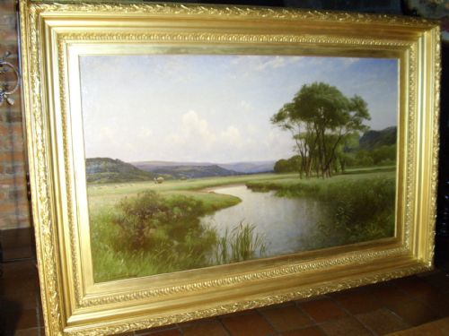 large victorian oil painting of pastural landscape with river view by artist julius hare ra c187919th century english school size 43 x 635 inches in original plaster gilt frame