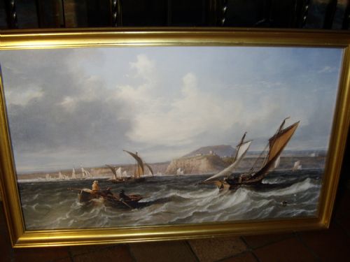 seascape print depicting victorian shipping scene of vessels in rough seas off of the tynemouth coastline after an original painting by marine artist jwcarmichael 365 x 23 inches
