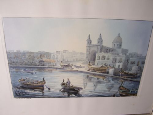watercolour of marsaxlokk fishing harbour in malta by artist glgalia