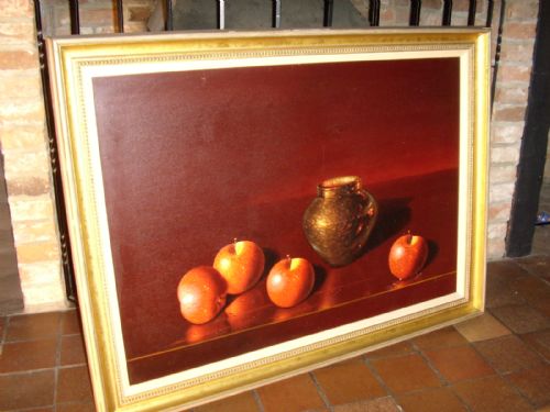 original luciano guarnieri still life fruit study titled the richness of old copper oil on canvas of a single apple and a group of three further rosey red apples