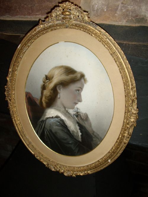 victorian coloured etching of young girl wearing black lace with decorative frame