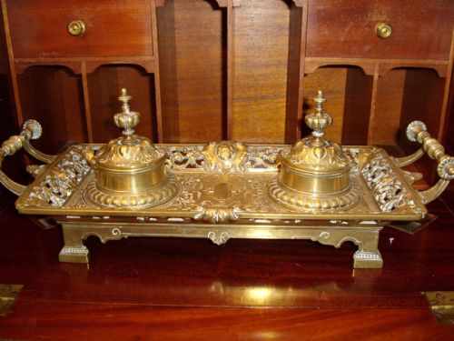 victorian brass twin ink stand pen rest desk tidy with bronze liners ornate turned handles 155 x 675 inches