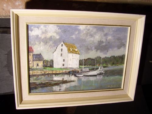 newlyn school style oil painting on board of boats moored size 15 x 11 inches in painted cream fame signed by artist haharris dateline approx195060