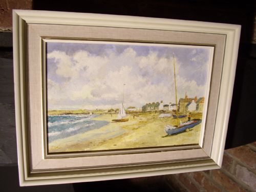 newlyn school oil painting on board of sailing boats on a sandy beach 15 x 11 inches