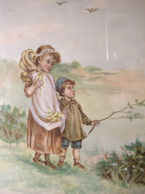 watercolour of young girl with boysigned jcrammer measuring 1375 x 9 inches