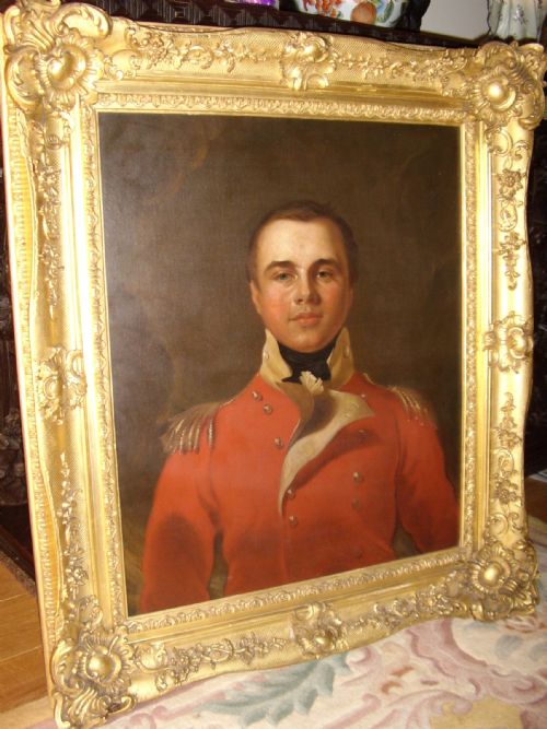 oil portrait painting manner of sir thomas lawrence of a british army officer in his red coat tunic uniform dating 17951802 late 18thearly 19th century english school in a magnificent decorative giltwood frame 35 x 40 inches
