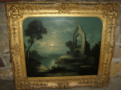 19th century oil painting of moonlight study studio of artist abraham pether b1756d1812 presented in decorative gilt frame 32 x 28 inches