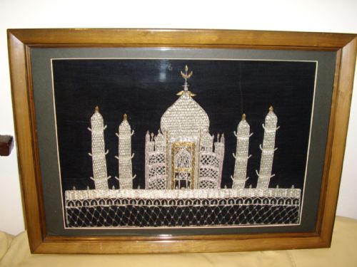 taj mahal hand sewn embroidery in gold silver heavy thread on a black velvet background under glass presented in the original mahogany frame 2175 x 155 inches