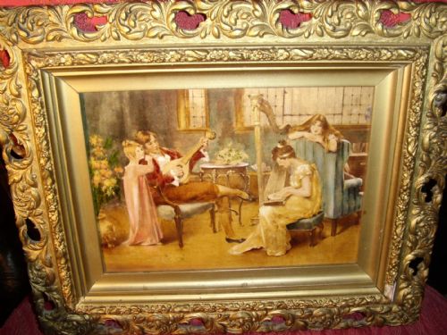 19th century victorian genre oil painting of family enjoying a musical evening with their children c1850beautifully presented in the original decorative gilt pierced frames 1575 x 13 inches