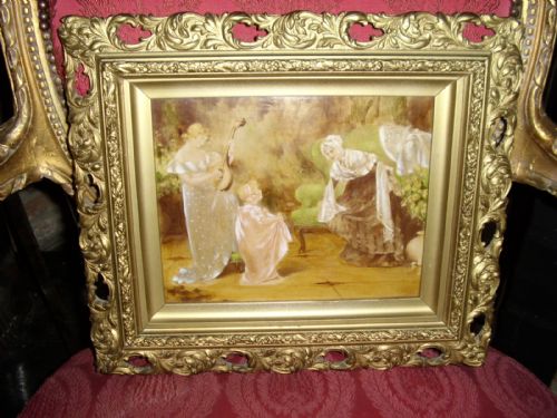 19th century victorian genre oil painting of mother plating a mandolin to her daughter friends being presented in the original wooden plaster gilt pierced frame 1325 x 155 inches