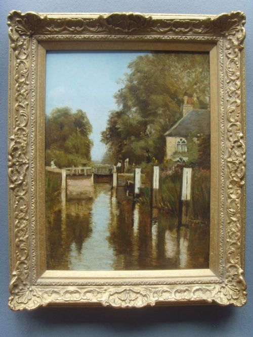 quality victorian 19th century landscape oil painting on canvas by artist james edward grace rba depicting a river lock scene 22 x 1775 inches in a beautiful frame