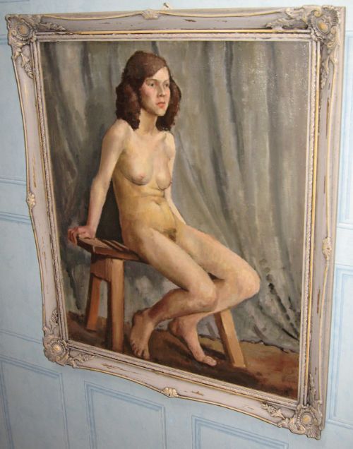 slade school oil portrait painting study on canvas of nude girl sitting on stool in a relaxed pose circa 192030 by art student alice west 275 x 2325