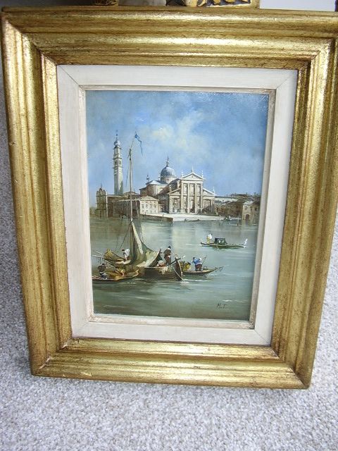 venetian minature oil painting on copper of st giorgio island viewed from gondolas on grand canal monogrammed mt measuring 925 x 1125 inches