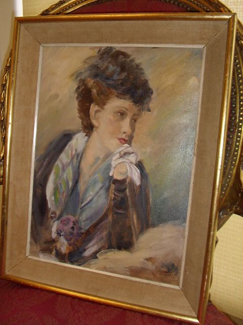 beautifully painted oil on board of a young society lady holding an handkerchief by artist anthony stone in original frame measuring 195 x 155 inches