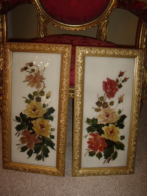 pair of victorian florrel oil paintings on glass panel being presented in plaster gilt decorative frames size 205 x 105 inches