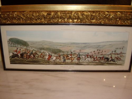 coloured print of leicestershire hunt in progress titled breaking cover billesdon coplow after the original etching 1824 by tsutherland sculptplate 2 size 32 x 12 inches