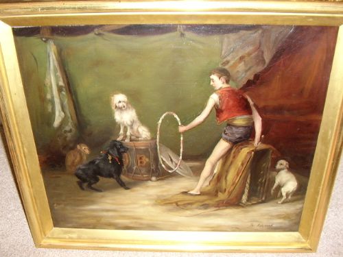 circus oil painting titled the rehearsals of boy training his dogs monkey to jump through hoops c190030 235 x 275 inches