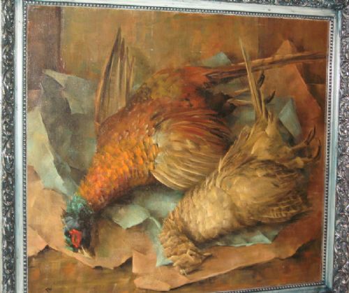 oil painting of a brace of dead pheasant game laid out on brown paper awaiting preparation
