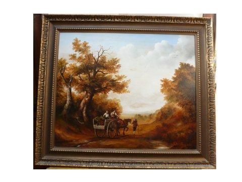 fine landscape oil painting on board of horse cart travelling through woodland along a track with figurespresented in decorative plaster cast gilt frame 29 x 26 inches