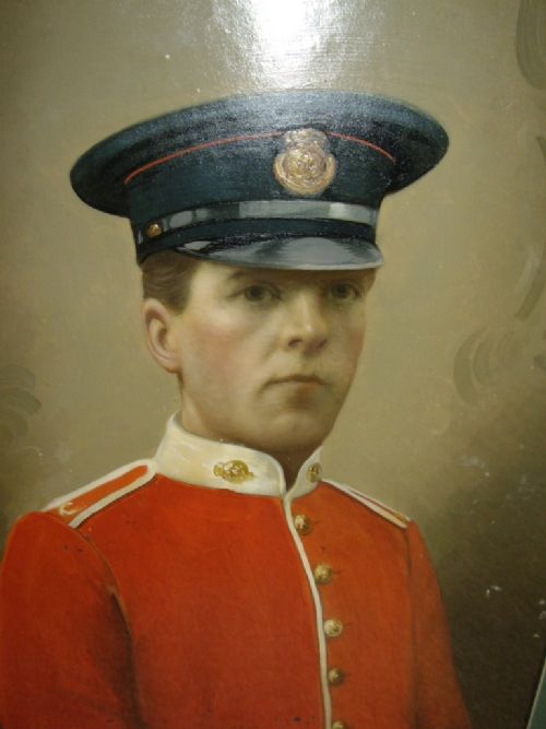 oil portrait on tin of british military officer in his redcoat tunic preserved under glass in mahogany frame 19 x 22 inches
