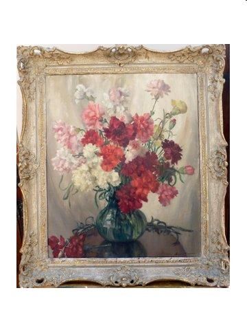 beautifull florrel still life oil painting of carnations in a glass vase by listed artist margaret chapman 30 x 26 in shabby chic decorative frame