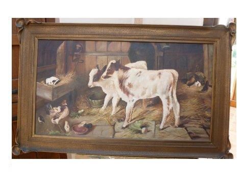 oil painting of farm animals in a barn titled best of friends by artist mheriot c1922 size 42 x 26 inches