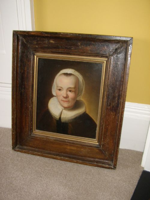 18th century dutch flemish school oil portrait on board of a lady wearing ruff collar presented in a hand crafted heavy oak distressed frame 25 x 28 ins