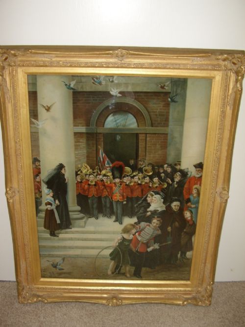 victorian coloured print under glass of a childrens brass band playing to mourners on the steps of the townhall c1850 29 x 23 inches