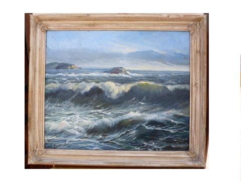 oil on board titled the roaring sea by artist robert dumont smith b1908 presented in shabby chic frame 29 x 26 inces circa 193040